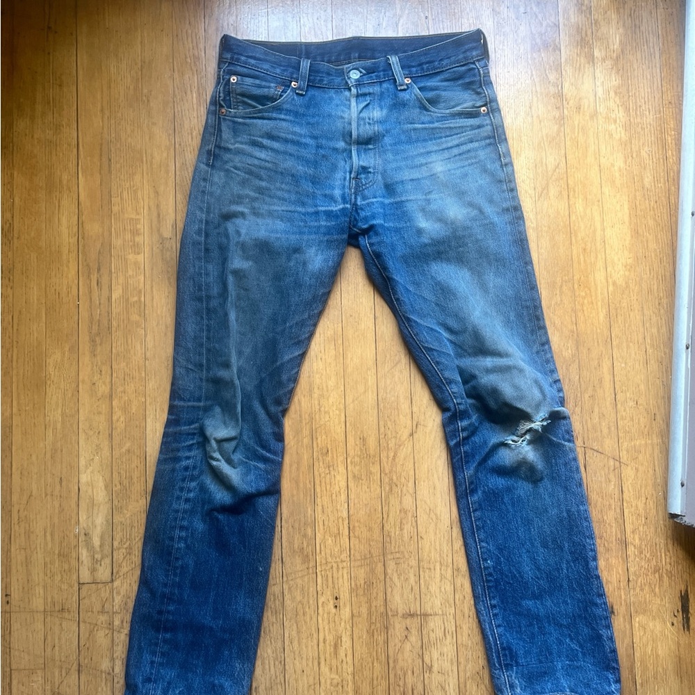 Levi's  501 button fly Blue Straight Jeans with Vintage Distressing 31x34